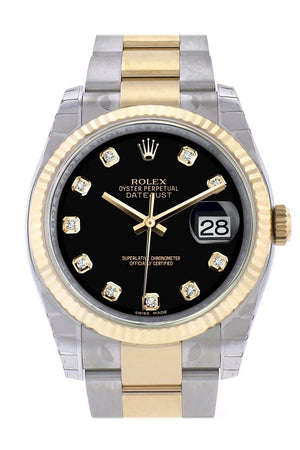 Rolex Datejust 36 Black Diamond Dial Fluted 18K Gold Two Tone Oyster Watch 116233