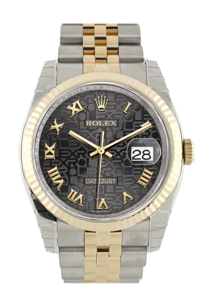Rolex Datejust 36 Black Jubilee Roman Dial Fluted 18K Gold Two Tone Watch 116233 / None