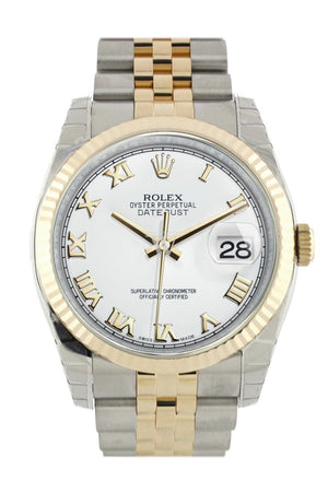 Rolex Datejust 36 White Roman Dial Fluted 18K Gold Two Tone Jubilee Watch 116233