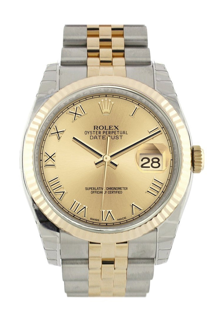 Rolex Datejust 36 Champagne Roman Dial Fluted 18K Gold Two Tone Jubilee Watch 116233 / None