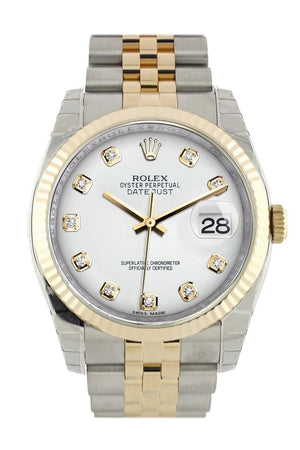Rolex Datejust 36 White Diamond Dial Fluted 18K Gold Two Tone Jubilee Watch 116233
