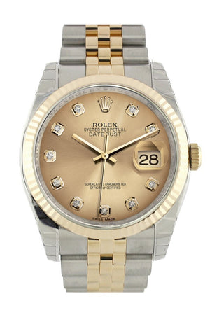 Rolex Datejust 36 Champagne-Colour Diamond Dial Fluted 18K Gold Two Tone Jubilee Watch 116233