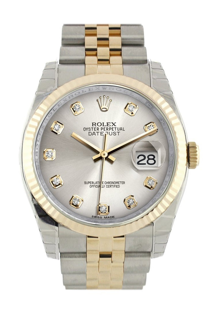 Rolex Datejust 36 Silver Diamond Dial Fluted 18K Gold Two Tone Jubilee Watch 116233 / None