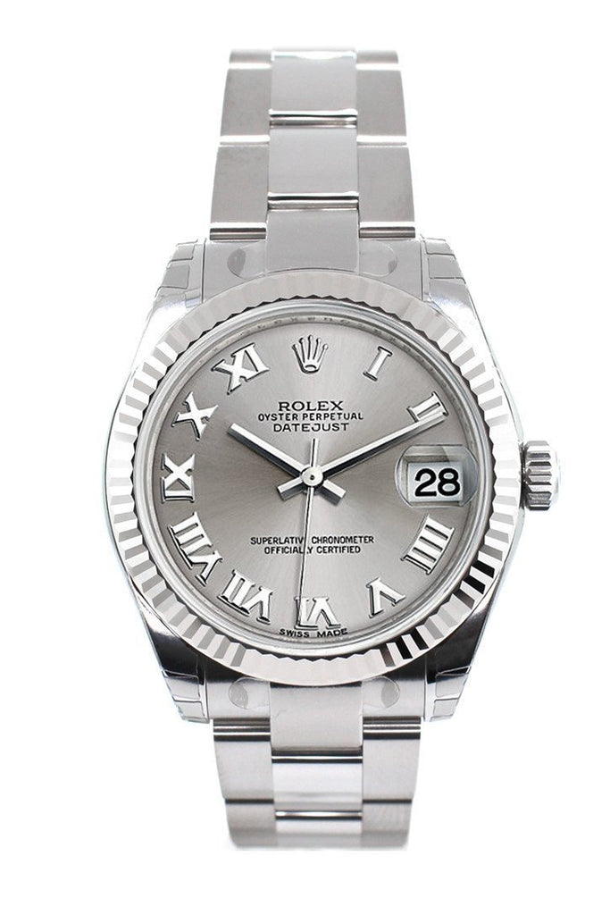 Rolex Datejust 31 Silver Roman Dial White Gold Fluted Bezel Ladies Watch 178274