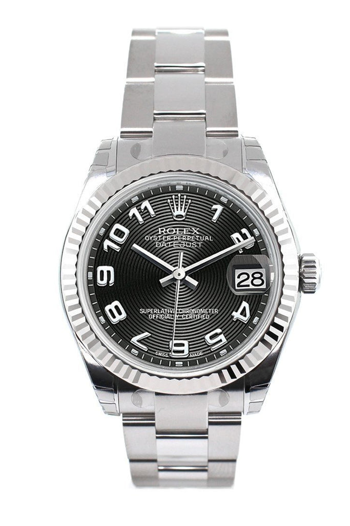 Rolex Datejust 31 Black Concentric Arab Dial White Gold Fluted Bezel Ladies Watch 178274