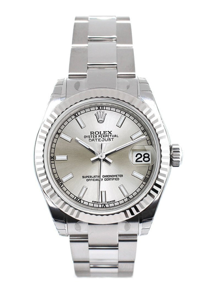 Rolex Datejust 31 Silver Dial White Gold Fluted Bezel Ladies Watch 178274
