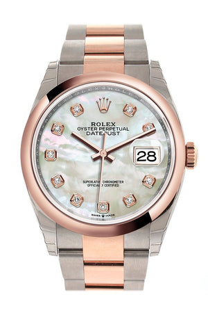 Rolex Datejust 36 White Mother-Of-Pearl Set With Diamonds Dial Dome Rose Gold Two Tone Watch 126201