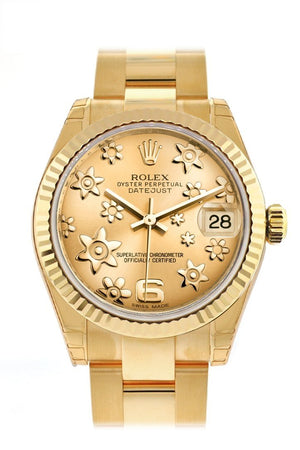 Rolex Datejust 31 Champagne Floral Motif Dial Fluted Bezel 18K Yellow Gold Ladies Watch 178278 /