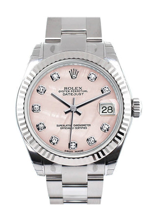 Rolex Datejust 31 Pink Mother Of Pearl Set Diamonds Dial White Gold Fluted Bezel Ladies Watch 178274