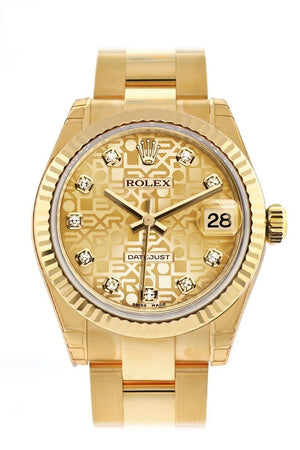Rolex Datejust 31 Champagne Jubilee Diamond Dial Fluted Bezel 18K Yellow Gold Ladies Watch 178278