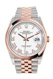 Rolex Datejust 36 White Roman Dial Dome Rose Gold Two Tone Jubilee Watch 126201