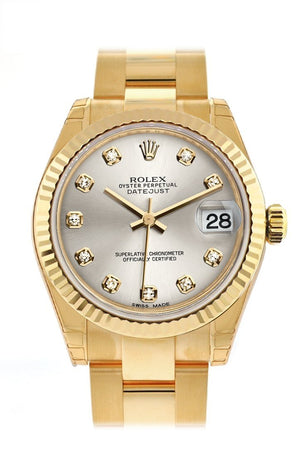 Rolex Datejust 31 Silver Diamond Dial Fluted Bezel 18K Yellow Gold Ladies Watch 178278 / None