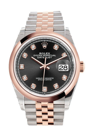 Rolex Datejust 36 Black Set With Diamonds Dial Dome Rose Gold Two Tone Jubilee Watch 126201