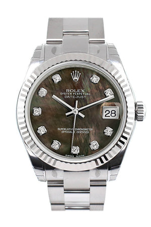 Rolex Datejust 31 Black Mother Of Pearl Set Diamonds Dial White Gold Fluted Bezel Ladies Watch