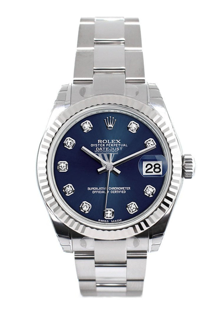 Rolex Datejust 31 Blue Set Diamonds Dial White Gold Fluted Bezel Ladies Watch 178274 Pre owned