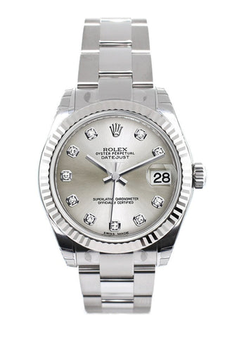 Rolex Datejust 31 Silver Set Diamonds Dial White Gold Fluted Bezel Ladies Watch 178274