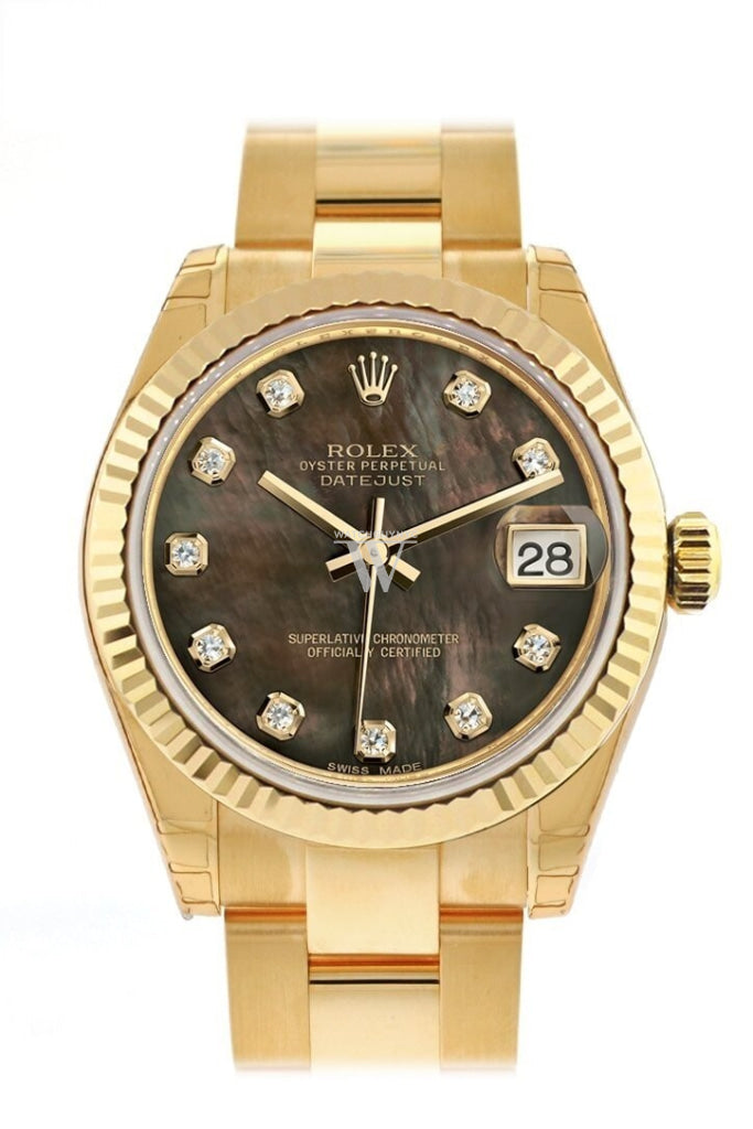 Rolex Datejust 31 Black Mother Of Pearl Diamond Dial Fluted Bezel 18K Yellow Gold Ladies Watch
