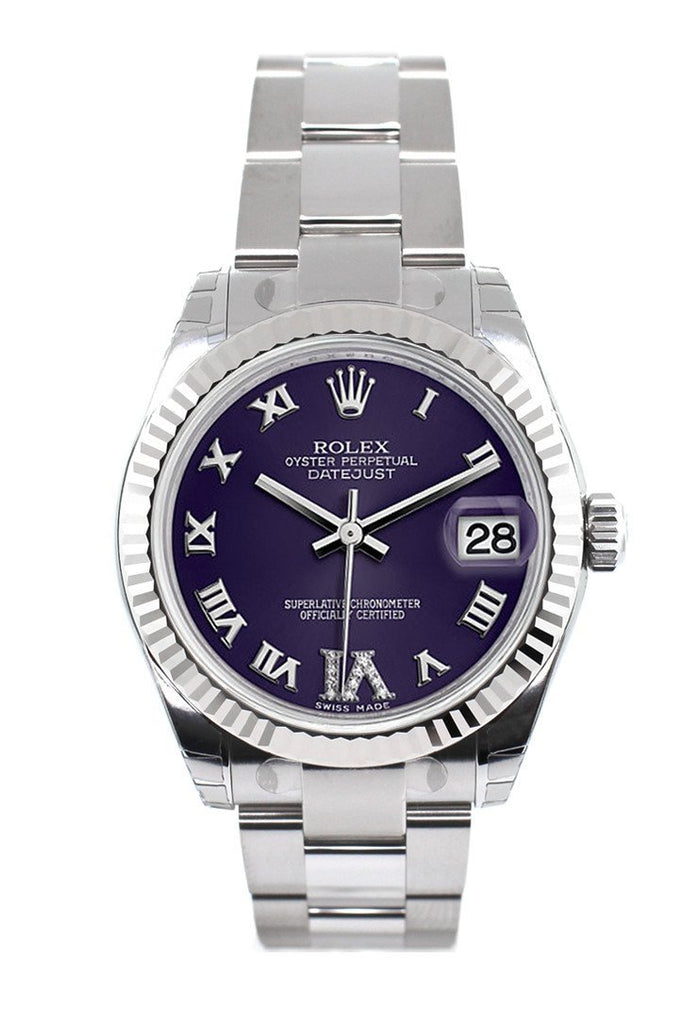 Rolex Datejust 31 Purple Roman Large Vi Set With Diamonds Dial White Gold Fluted Bezel Ladies Watch