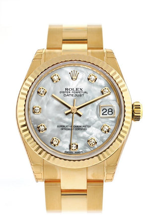 Rolex Datejust 31 White Mother Of Pearl Diamond Dial Fluted Bezel 18K Yellow Gold Ladies Watch