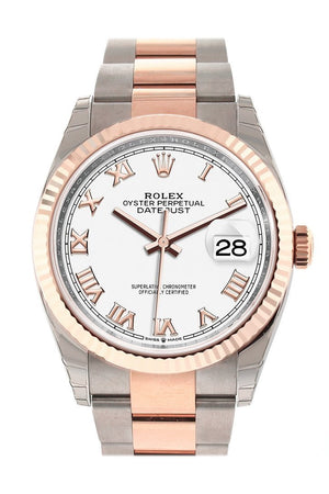 Rolex Datejust 36 White Roman Dial Fluted Rose Gold Two Tone Watch 126231