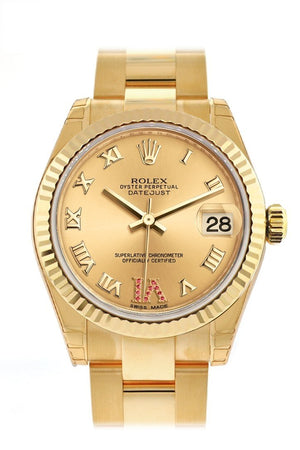 Rolex Datejust 31 Champagne Large Vi Rubies Dial Fluted Bezel 18K Yellow Gold Ladies Watch 178278 /