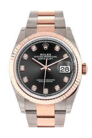 Rolex Datejust 36 Black Set With Diamonds Dial Fluted Rose Gold Two Tone Watch 126231