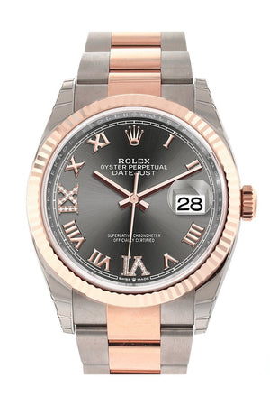 Rolex Datejust 36 Dark Rhodium Set With Diamonds Dial Fluted Rose Gold Two Tone Watch 126231