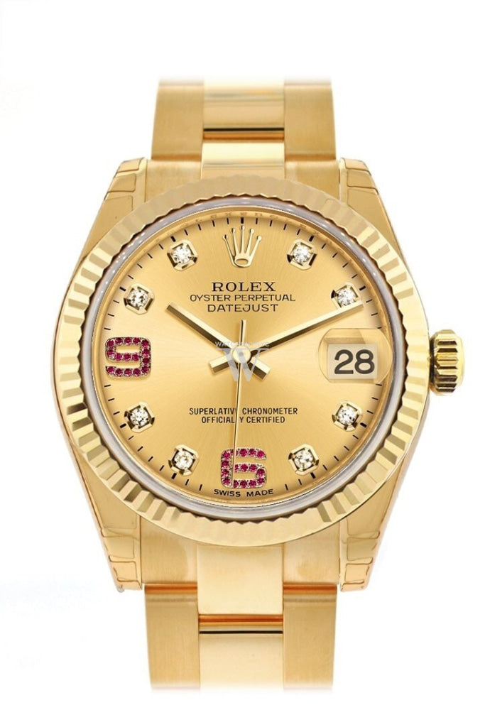 Rolex Datejust 31 Champagne Diamonds Rubies Dial Fluted Bezel 18K Yellow Gold Ladies Watch 178278 /