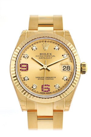 Rolex Datejust 31 Champagne Diamonds Rubies Dial Fluted Bezel 18K Yellow Gold Ladies Watch 178278 /