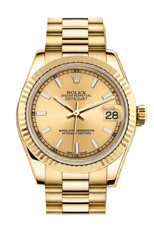 Rolex Datejust 31 Champagne Dial Fluted Bezel 18k Gold Watch