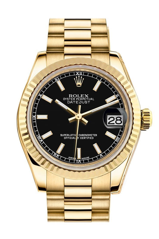 Rolex Datejust 31 Black Dial Fluted Bezel 18k Gold President