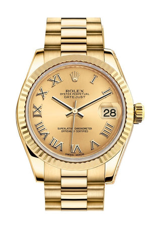 Rolex Datejust 31 Champagne Roman Dial Fluted Bezel 18K Yellow Gold President Ladies Watch 178278 /
