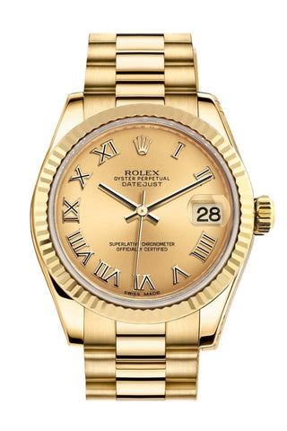 Rolex Datejust 31 Champagne Roman Dial Fluted Bezel 18K Yellow Gold President Ladies Watch 178278 /