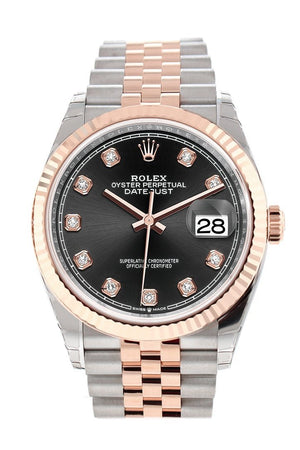 Rolex Datejust 36 Black Set With Diamonds Dial Fluted Rose Gold Two Tone Jubilee Watch 126231