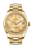 Rolex Datejust 31 Champagne Floral Motif Dial Fluted Bezel 18K Yellow Gold President Ladies Watch 178278