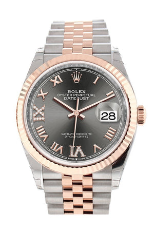 Rolex Datejust 36 Dark Rhodium Set With Diamonds Dial Fluted Rose Gold Two Tone Jubilee Watch 126231