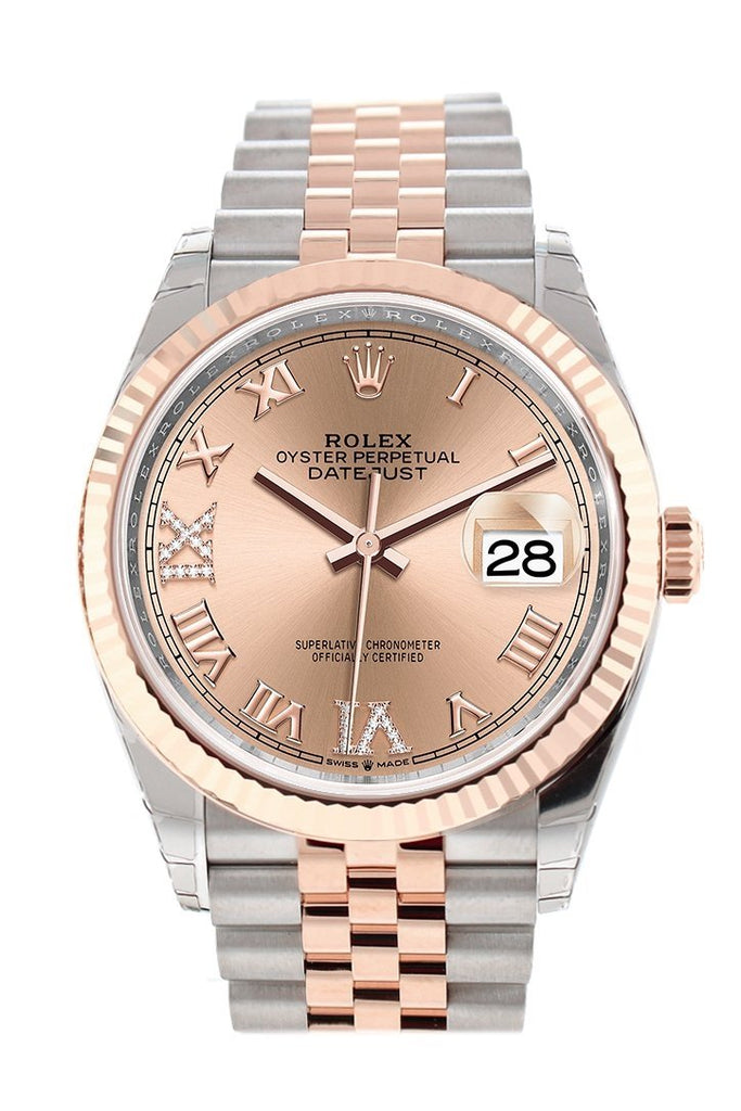 Rolex Datejust 36 Rose Set With Diamonds Dial Fluted Gold Two Tone Jubilee Watch 126231
