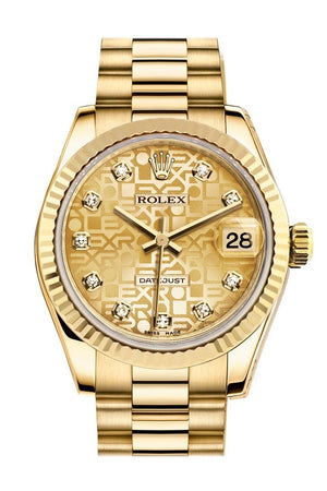 Rolex Datejust 31 Champagne Jubilee Diamond Dial Fluted Bezel 18K Yellow Gold President Ladies Watch