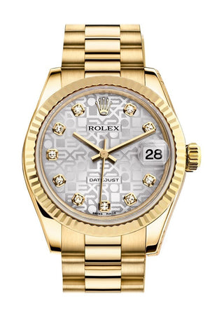 Rolex Datejust 31 Silver Jubilee Diamond Dial Fluted Bezel 18K Yellow Gold President Ladies Watch