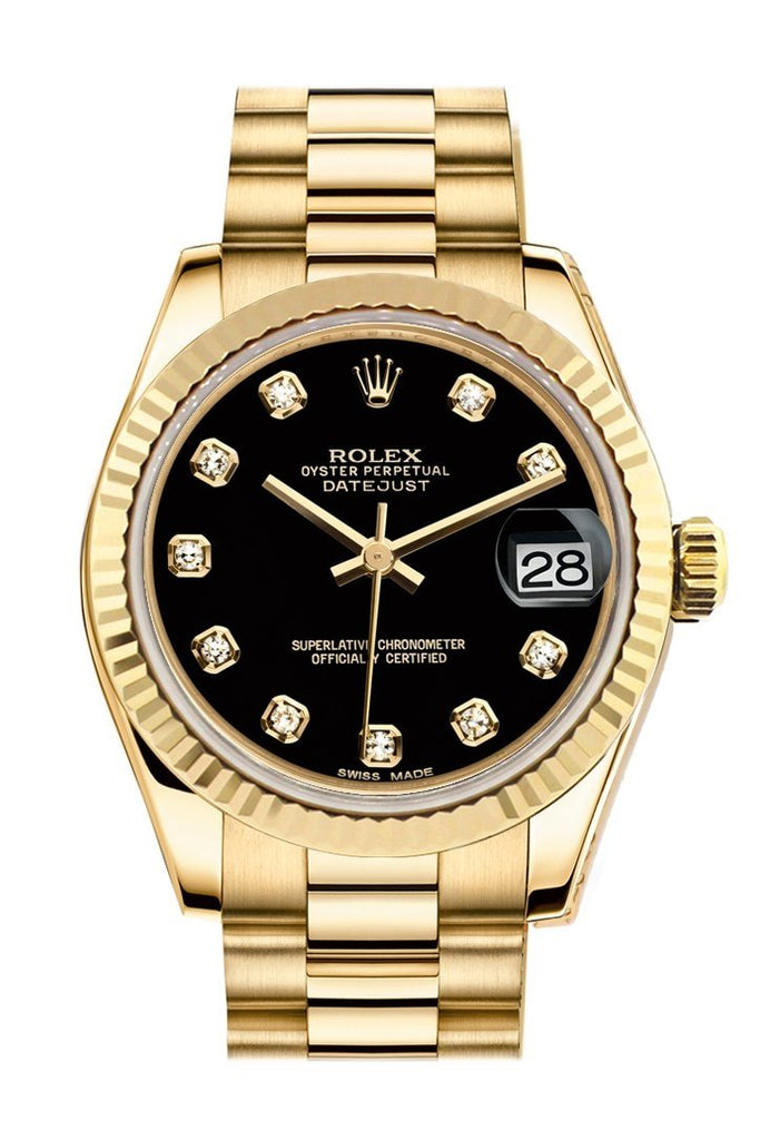 Rolex Datejust 31 Black Diamond Dial Fluted Bezel 18K Gold President 178248 | WatchGuyNYC Black / None