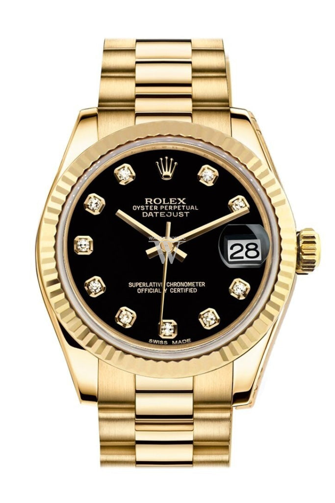 Rolex Datejust 31 Black Diamond Dial Fluted Bezel 18K Gold President 178248 | WatchGuyNYC Black / None