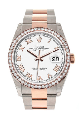 Rolex Datejust 36 White Roman Dial Diamond Bezel Rose Gold Two Tone Watch 126281Rbr