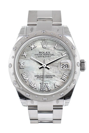 Rolex Datejust 31 White Mother Of Pearl Roman Large Vi Diamond Dial Dome Set With Diamonds Bezel