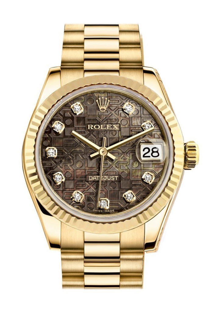 Rolex Datejust 31 Black MOP Diamond Dial Fluted Bezel 18k Gold