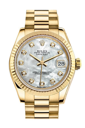 Rolex Datejust 31 White Mother Of Pearl Dia Dial Fluted Bezel 18K Yellow Gold President Ladies Watch