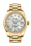 Rolex Datejust 31 White Mother of Pearl Dia Dial Fluted Bezel 18K Yellow Gold President Ladies Watch 178278