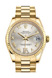 Rolex Datejust 31 Silver Large Vi Rubies Dial Fluted Bezel 18K Yellow Gold President Ladies Watch