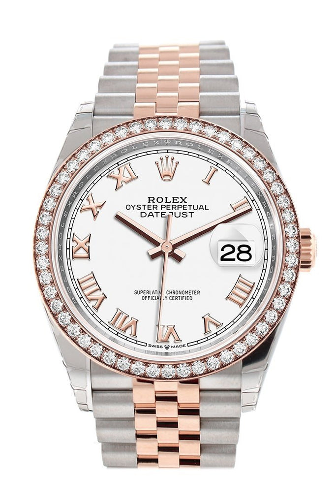 Rolex Datejust 36 White Roman Dial Diamond Bezel Rose Gold Two Tone Jubilee Watch 126281Rbr
