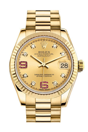 Rolex Datejust 31 Champagne Diamonds Rubies Dial Fluted Bezel 18K Yellow Gold President Ladies Watch