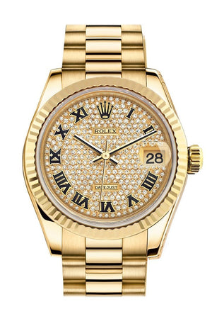 Rolex Datejust 31 Diamond Paved Dial Fluted Bezel 18K Yellow Gold President Ladies Watch 178278 /